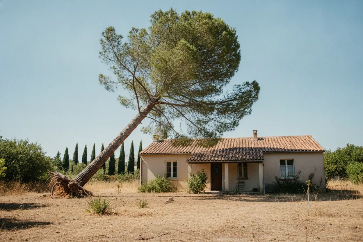 Grand pin parasol penché vers une maison après un coup de mistral à Pont-de-Crau, Arles