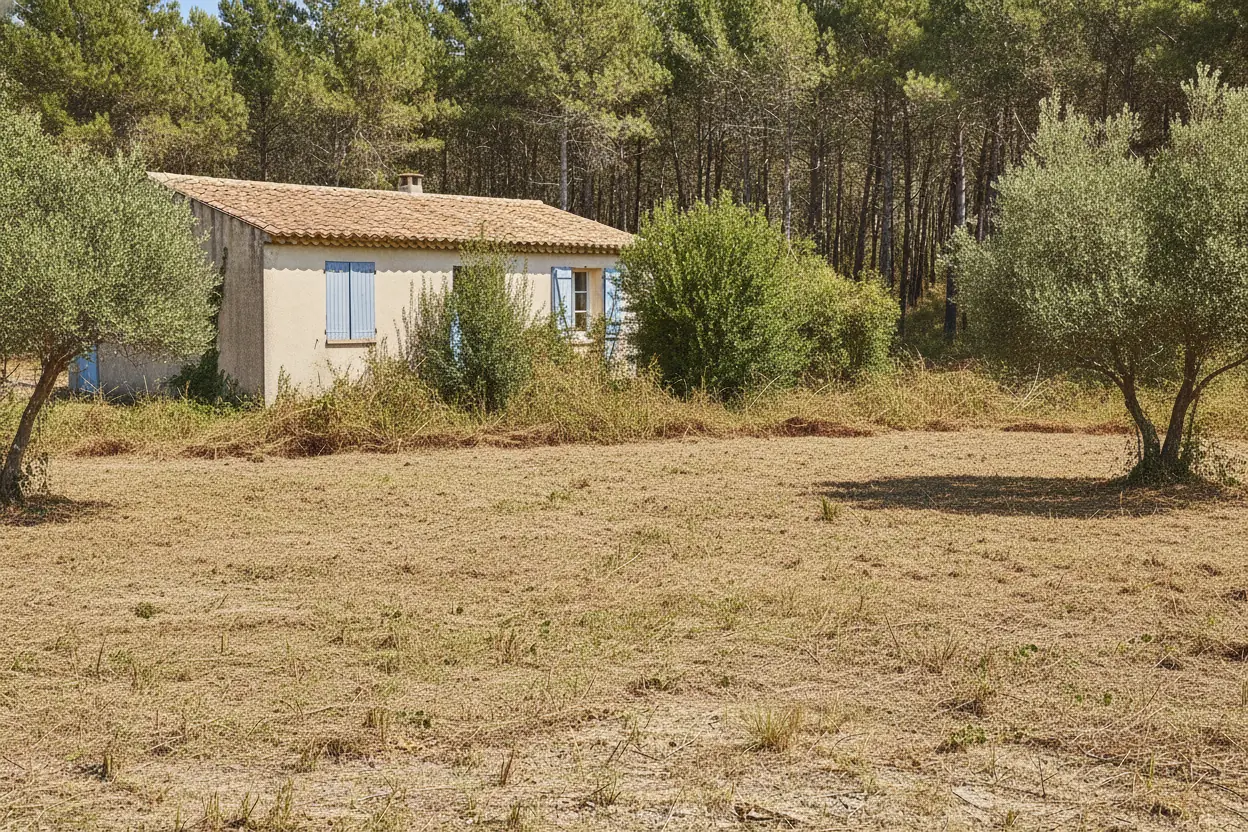 Terrain débroussaillé et conforme à l'Obligation Légale de Débroussaillement autour d'une maison à Raphèle-lès-Arles