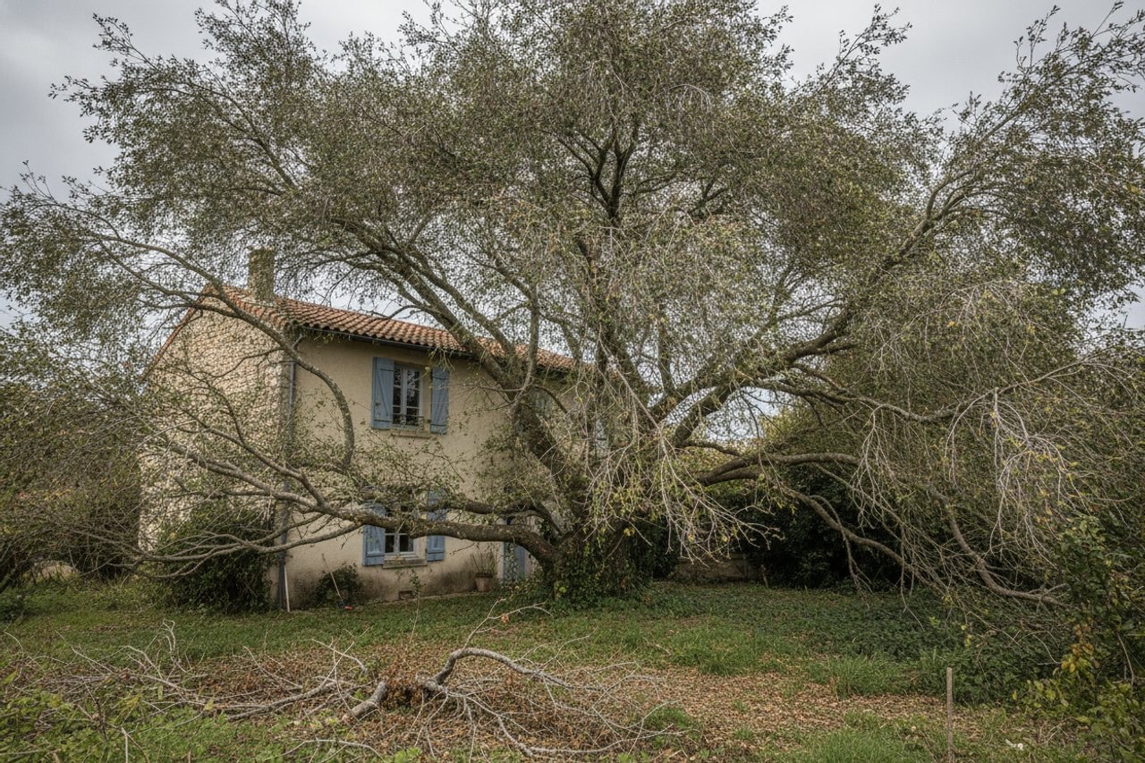 Grand platane centenaire aux branches asymétriques et houppier alourdi côté abri du vent à Tarascon