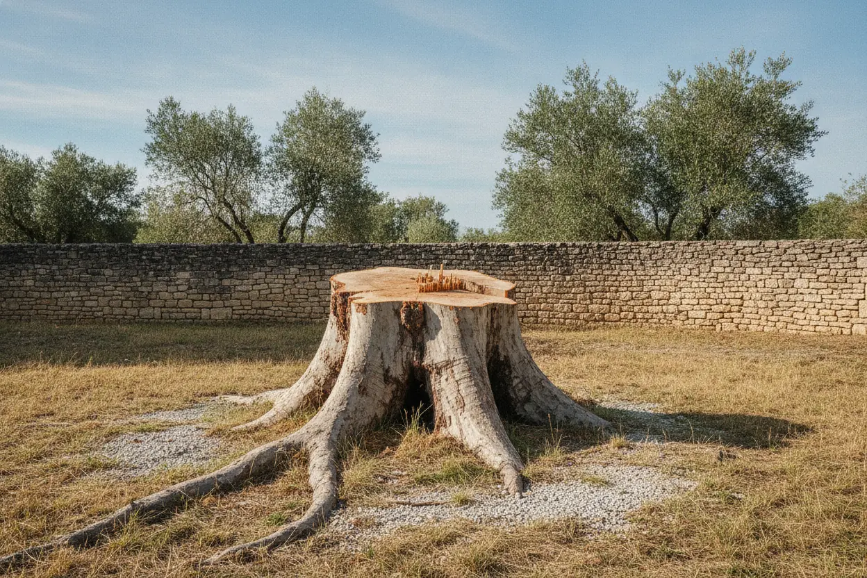 Grosse souche de platane en place sur terrain d'un mas à Arles