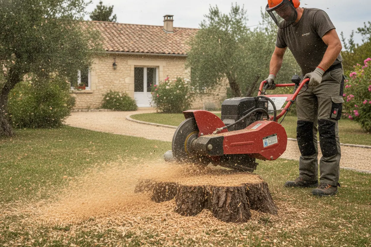 Rognage de souche d'arbre abattu à Arles avec machine professionnelle