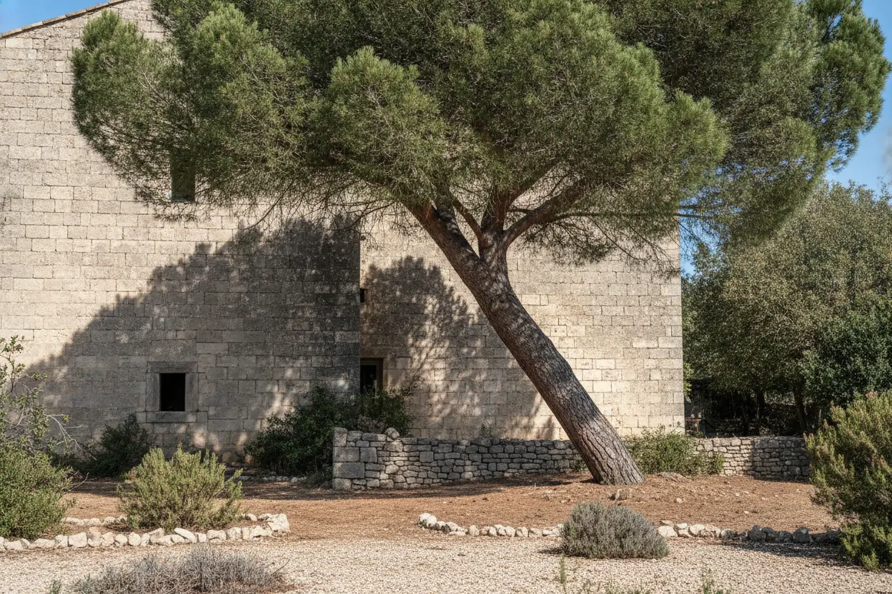 Pin parasol penché vers une construction en pierre calcaire à Fontvieille avant intervention