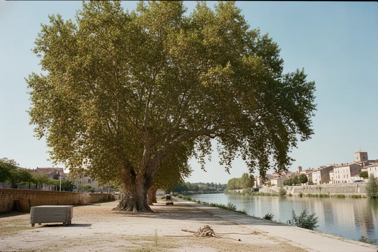 Platane dense avec branches mortes près du Rhône à Tarascon